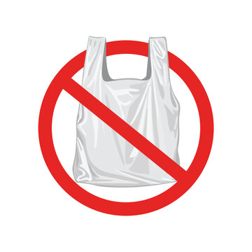 No plastic bag prohibition sign with red circle and flat vector illustration isolated on white background for environmental awareness