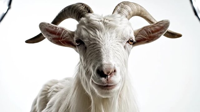 Majestic White Qurbani Goat Close-up Portrait with Sharp Horns for Eid-ul-Adha Livestock Showcase and Islamic Ritual Sacrifice Promotional Video