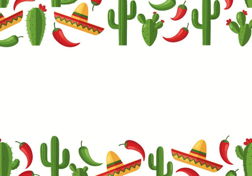 Vibrant Mexican Fiesta Border with Sombreros Cacti and Chili Peppers.