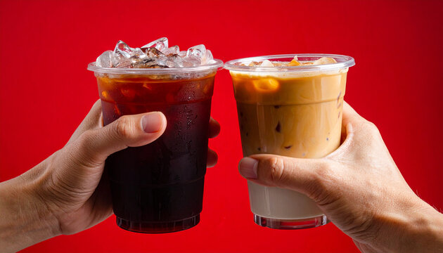 Two iced coffee cups are being held in a celebratory toast, showcasing a delightful refreshment. The cups are filled with dark and light coffee, complemented by ice cubes.
