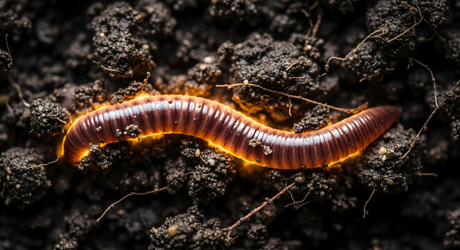 Closeup of an earthworm crawling through dark, rich soil