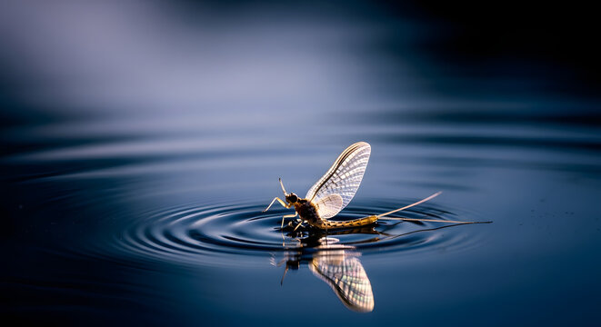 Mayfly insect resting on the surface of calm water creating ripples