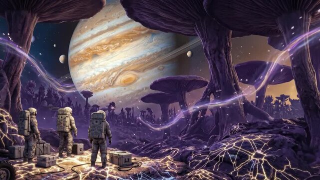 A surreal xenomycology expedition on a forest moon, researchers' empty suits standing beside towering fungal megastructures whose caps span hundreds of meters casting