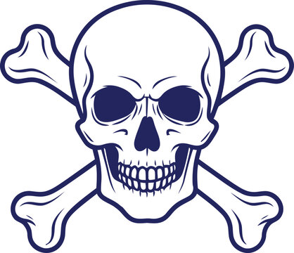 Skull and crossbones icon set, black and blue skeleton symbols, crossbones vector collection, skull icons, danger poison warning signs, minimal flat illustration for hazard and pirate themes.