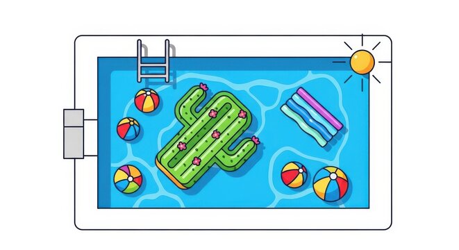 a cartoon image of a swimming pool with inflatable toys and a towel on a sunny day with a ladder bea