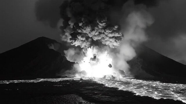 Dramatic black and white volcanic eruption showing molten lava and ash cloud explosion at night with loud sounds