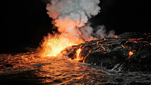 A molten lava delta entering the ocean at night, the leading edge of an active pahoehoe flow reaching the waterline and exploding in a continuous laze plume of white