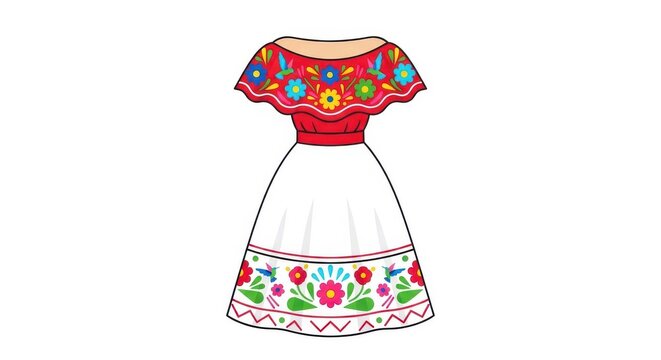 a colorful dress with floral patterns and a white skirt and red bodice with short sleeves and a roun