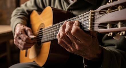 Obraz premium a person playing an acoustic guitar with a focus on their hands acoustic guitar close up detail view