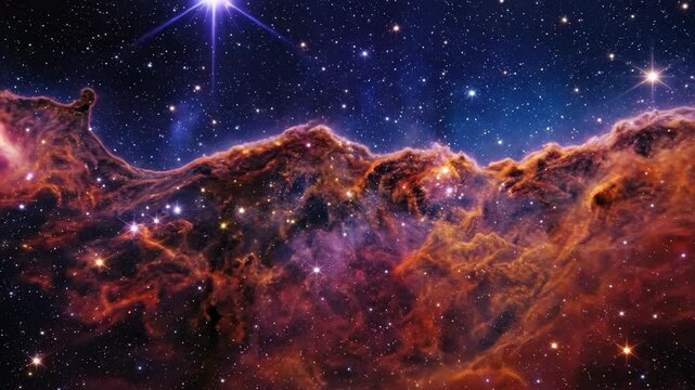 A vast deep-space nebula rendered in extraordinary detail, swirling columns of violet and burnt orange gas illuminated by the intense glow of newborn stars embedded