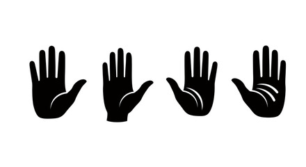 Obraz premium Set of four black hand icons showing different gestures against a white background for graphic use.