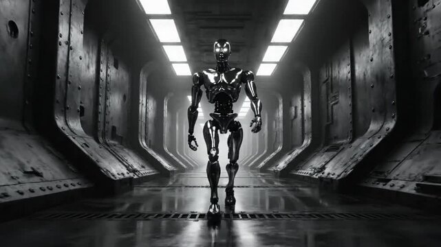 Futuristic cyborg robot strides through a dark industrial corridor with bright overhead lights, sci-fi concept.