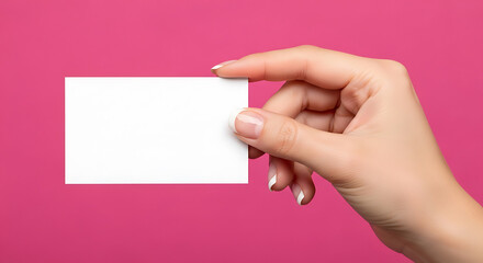 Obraz premium Woman's hand holding blank white card against pink background female
