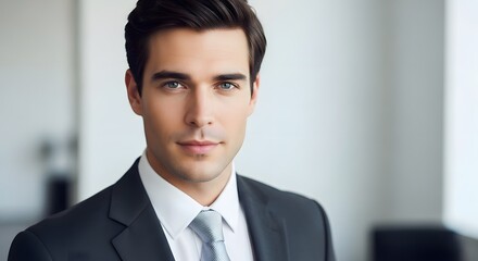 Naklejka premium A handsome young businessman in a dark suit and tie looking confidently at the camera in a professional office setting.