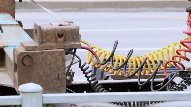 Coiled air hoses and electrical cables link the truck to its trailer, showing essential mechanical connections for braking and power. Bright colors and metal fittings highlight function, structure, an