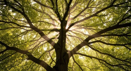 Fototapeta premium Low angle view of tall tree branches with sunlight streaming through green leaves