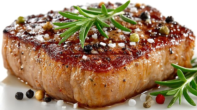 Grilled beef steak with rosemary, peppercorns and sea salt isolated on white background