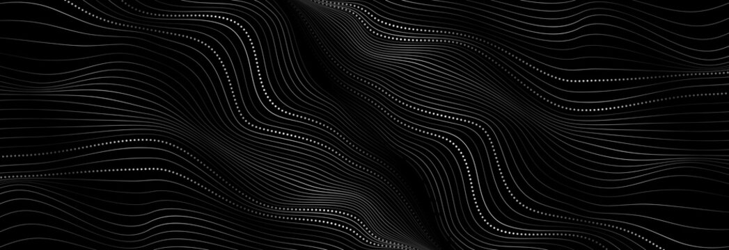 Futuristic abstract minimal background with grey dotted curved wavy lines. Technology vector banner design