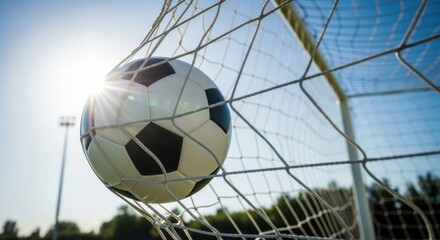 Naklejka premium Soccer ball caught in the goal net with sun flare and blue sky background view