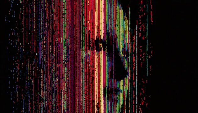 A distorted digital portrait of a man with a glitchy effect in a dark background