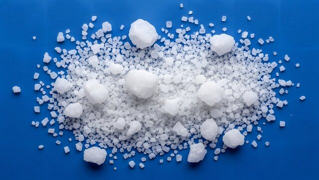 Pile of white crystals and granules on a blue surface
