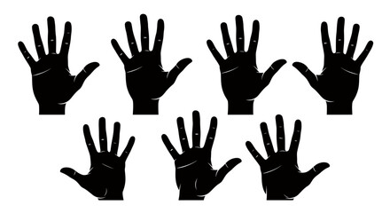 Obraz premium Group of silhouetted black hands raised in the air against a white background.