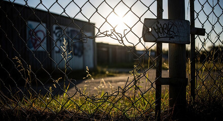 Fototapeta premium Chain-Link Fence with Graffiti Sign at Dusk