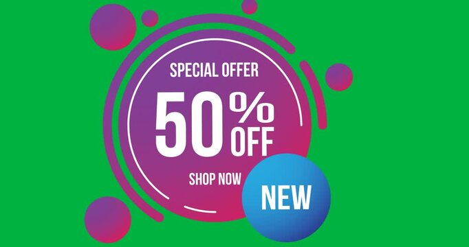 Digital animation of 50 percent off text over purple circular banner against black background