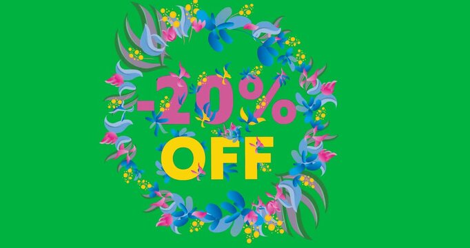 Digital animation of 20 percent off text over floral design against black background