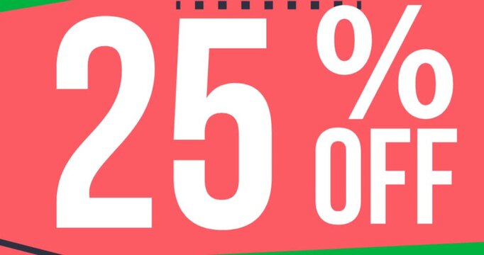 Digital animation of 25 percent off text over pink banner against black background