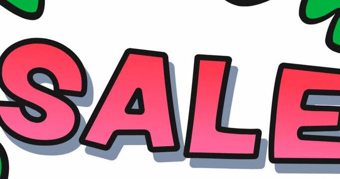 Digital animation of sale text over retro speech bubble against black background