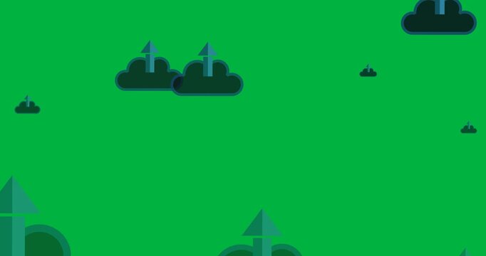 Digital animation of multiple blue cloud upload icons floating against black background