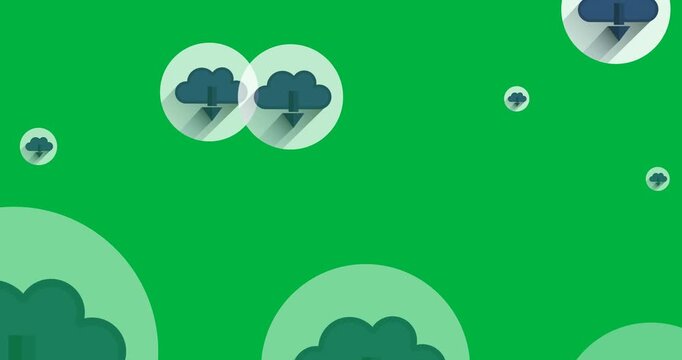 Digital animation of multiple blue cloud download icons floating against black background