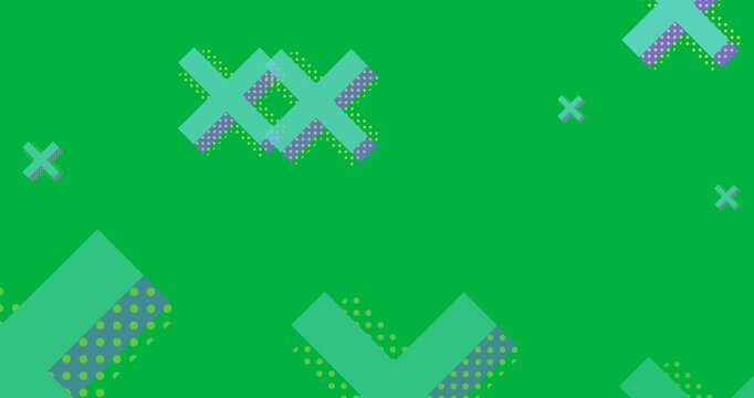 Digital animation of multiple retro cross icons floating against black background