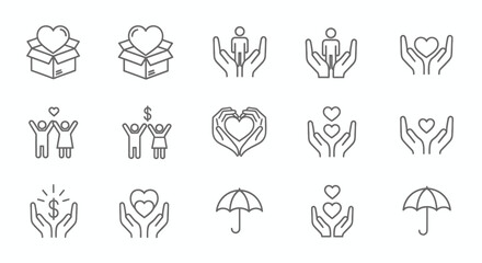 Obraz premium Series of line art icons depicting people in caring, supportive, and celebratory gestures and interactions.