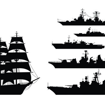 A collection of naval ship silhouettes on a white background