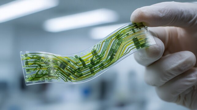 Gloved hand holding flexible transparent circuit strip, researcher bending sensor substrate for inspection in sterile laboratory environment, conductive traces and microchip elements visible, closeup