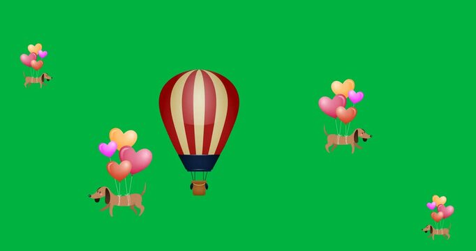 Multiple dogs tied to balloons and hot air balloon floating against black background