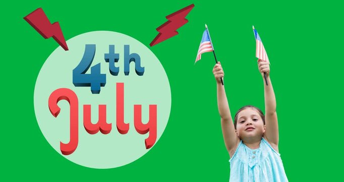 Independence day text on round banner and girl holding american flags against black background