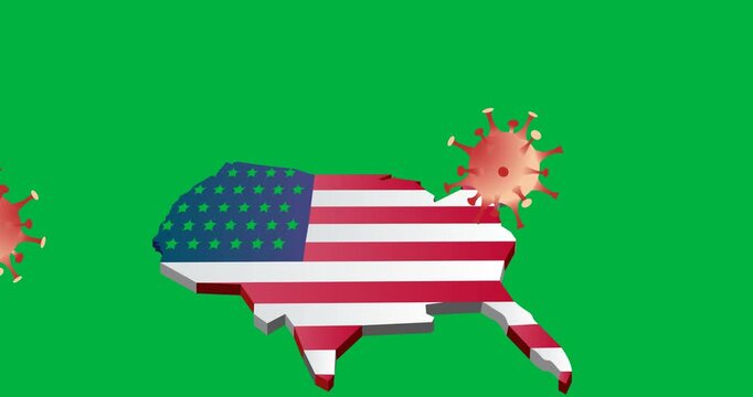 Multiple covid-19 cells falling over american flag design over us map on black background
