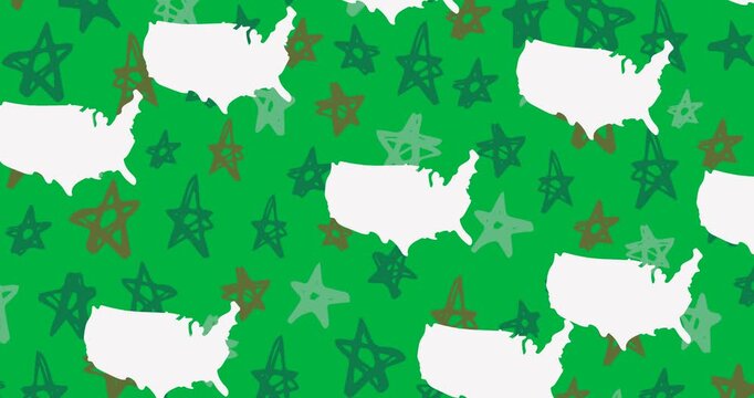 Digital animation of multiple usa map icons against blue and red stars on black background
