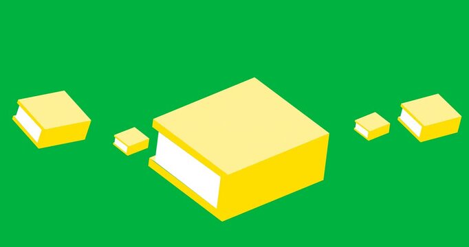 Digital animation of multiple yellow books icons against black background