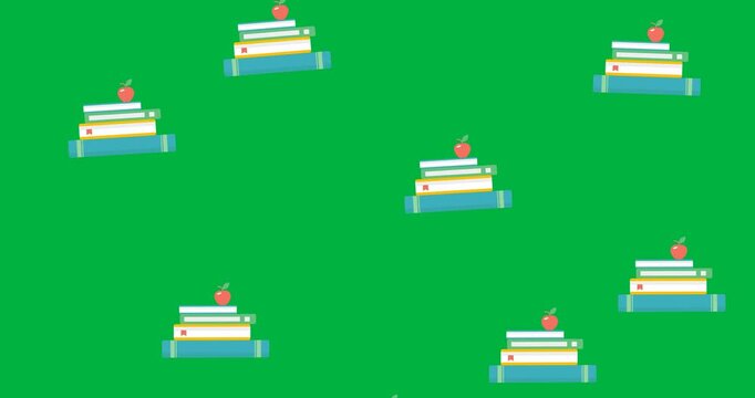 Digital animation of multiple apple over stack of books icons against black background