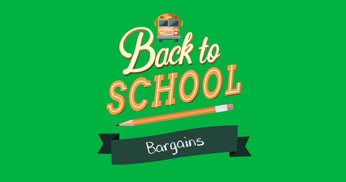 Digital animation of back to school sale bargains text banner against black background