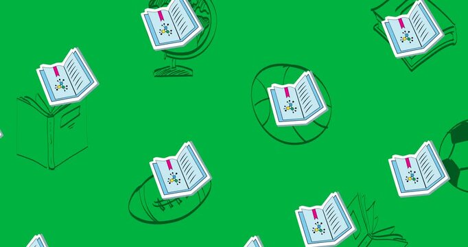 Digital animation of multiple text books icons floating against black background