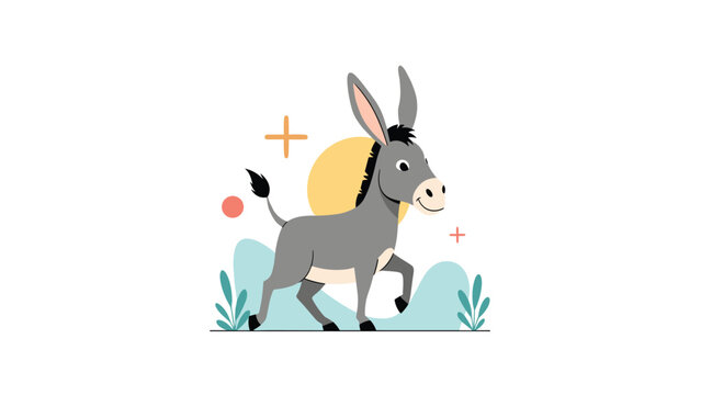 Friendly grey donkey character walking through a field with plants and a bright yellow sun in the background vector.
