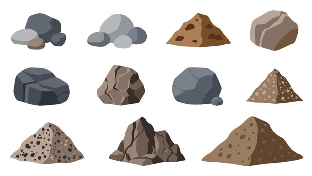 Set of various rock and stone piles including grey pebbles brown boulders and mounds of sand or dirt on white background.
