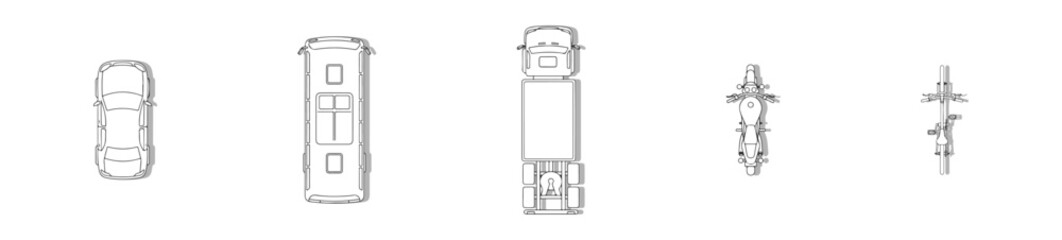 Top View Vehicles Vector Set, Overhead Perspective Minimalist Car and Truck Outlines with White Fill for Architectural Site Plans, Urban Design, Clean Line Art Style © MkJutt