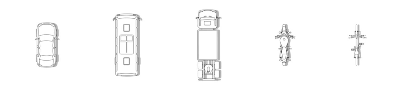 Top View Vehicles Vector Set, Overhead Perspective Minimalist Car and Truck Outlines with White Fill for Architectural Site Plans, Urban Design, Clean Line Art Style