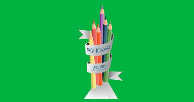 Digital animation of back to school bargains text over bunch of colored pencils on black background